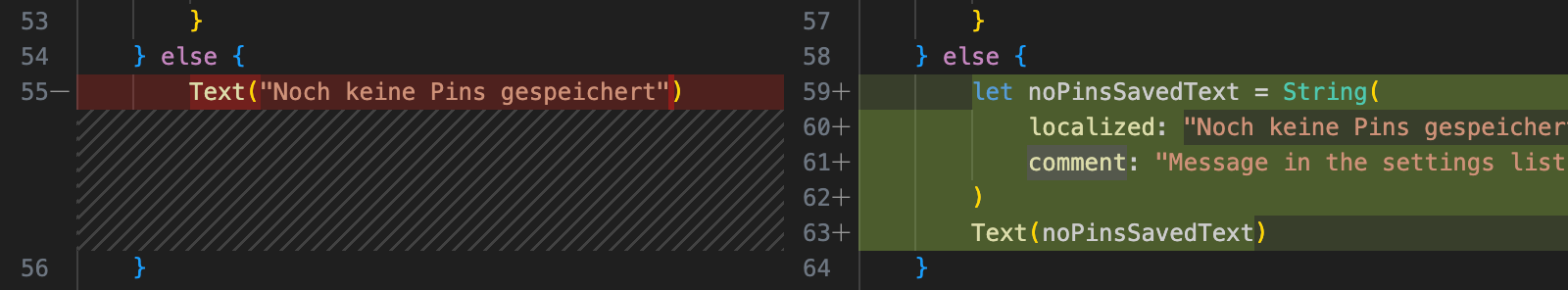 Positive example of localization performed by ChatGPT. The text that appears in the UI is used in a string constructor and the comment provides context about the strings usage in the UI, i.e. in this case a list in the settings.