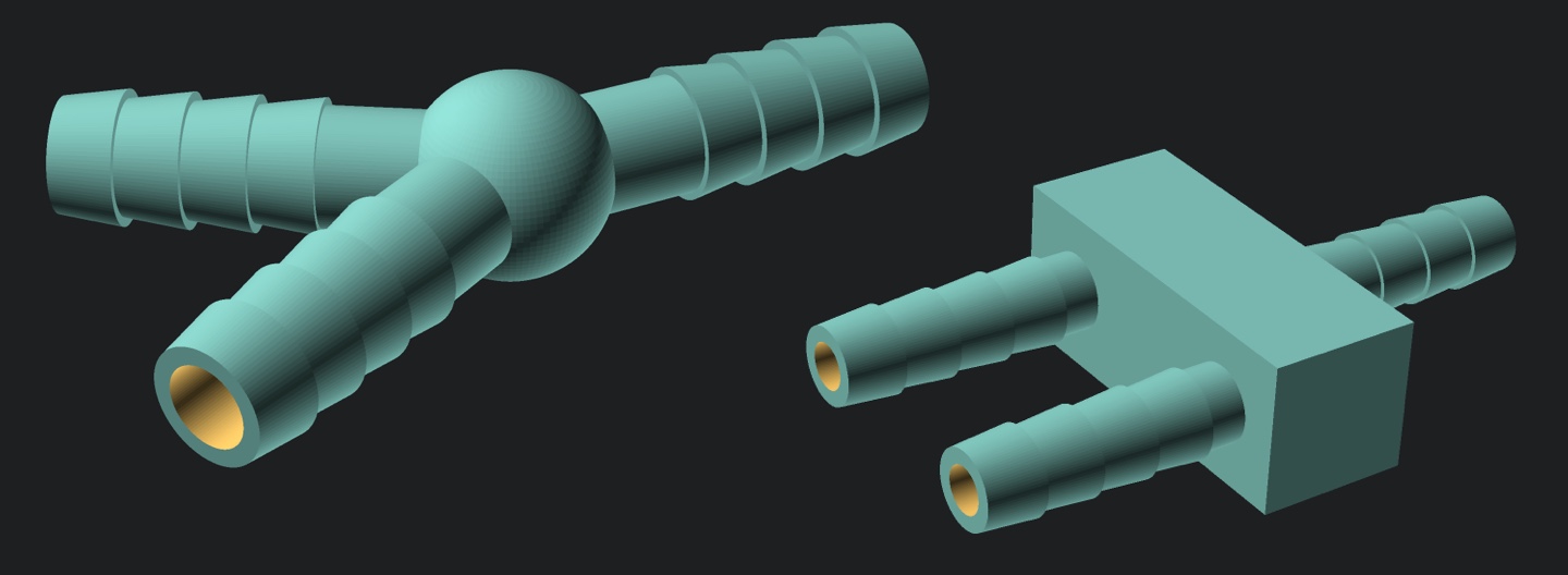 Hose splitters. Left: Better looking version to connect three 8mm hoses. Right: The version that seals the hoses better due to all connections being oriented in the same direction (important for printing) for three 4mm hoses.